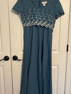 Vintage Jody Of California Denim Blue Floral Jean Long Dress Women Size 9 USA